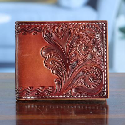 'Bifold Leather Wallet with Hand-Tooled Swirling Vine Design'