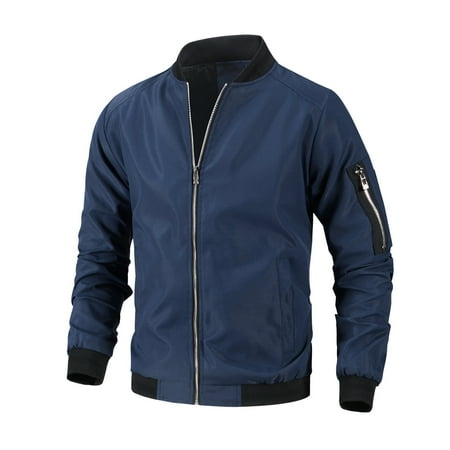 BXINGOHAI bomber jackets for men big and tall zip pockets jacket full zip solid Stand Collar jackets outdoor Baseball Uniform shirts Today Blue L