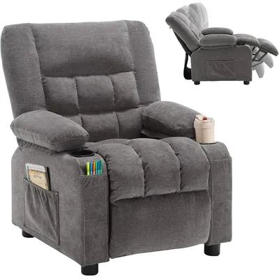 Recliner Chair， Push Back Toddler Recliner with Cup Holders & Side Pockets， Adjustable Footrest &