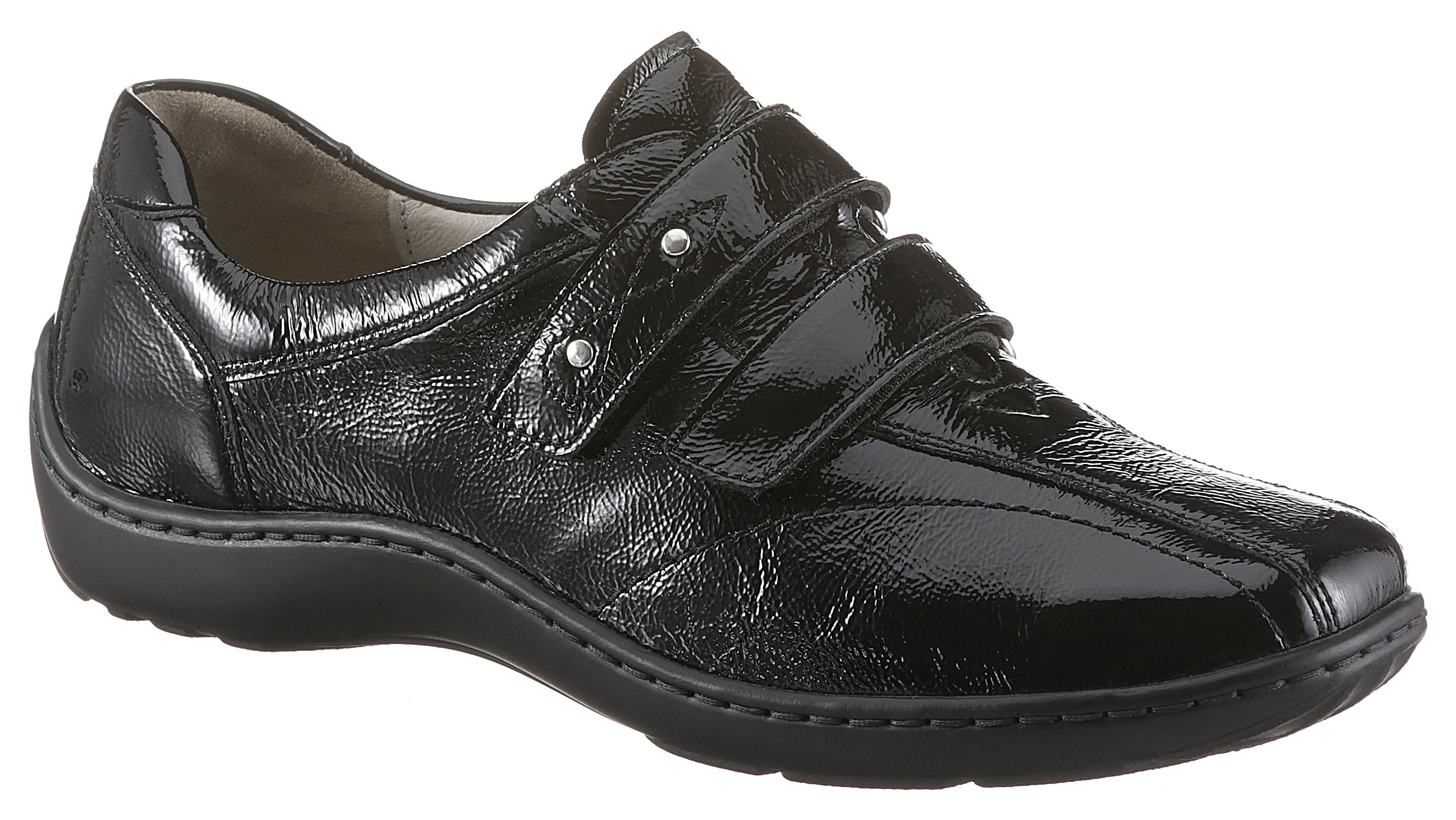 Klettschuh WALDLÄUFER "HENNI", Damen, Gr. 5,5 (38,5), schwarz, Lackleder, glänzend, Schuhe Klettschuh, Bequemschuh, Slipper in Glanzoptik und komfortabler Schuhweite H
