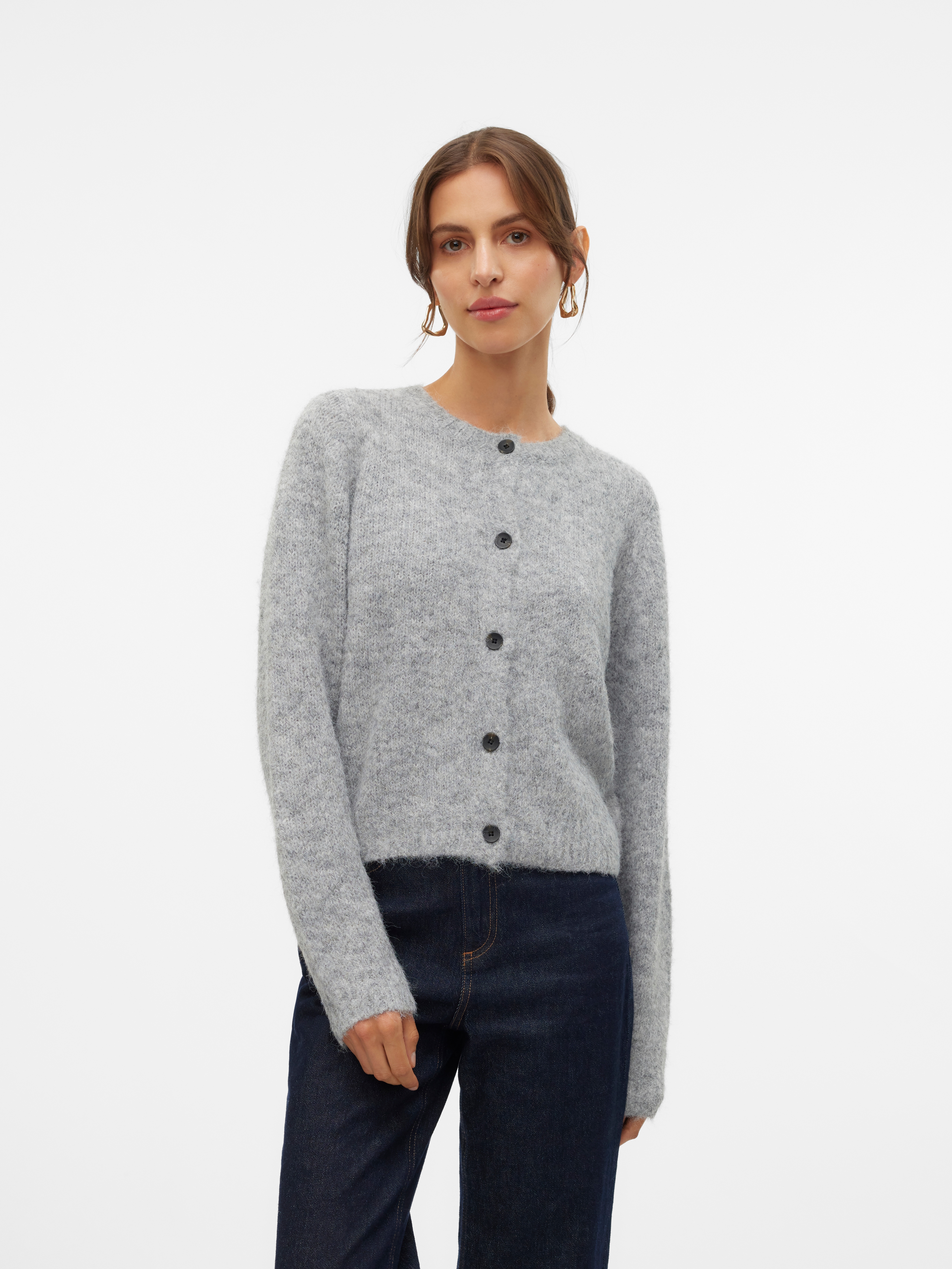 Strickjacke VERO MODA "VMNOVAH LS O-NECK BUTTON CARDI GA NOOS", Damen, Gr. XS, grau (medium grau melange), Strick, Obermaterial: 70% Polyester, 21% Nylon, 8% Wolle, 1% Elasthan, unifarben, regular fit hüftlang, Rundhals, Strickjacken Strickjacke