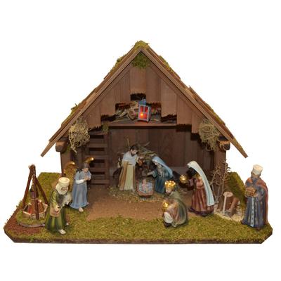 Krippe ALFRED KOLBE "Krippenstall ohne Trafo", braun, B:50cm H:34cm T:30cm, Holz, Weihnachtskrippen, mit Laterne, Lagerf