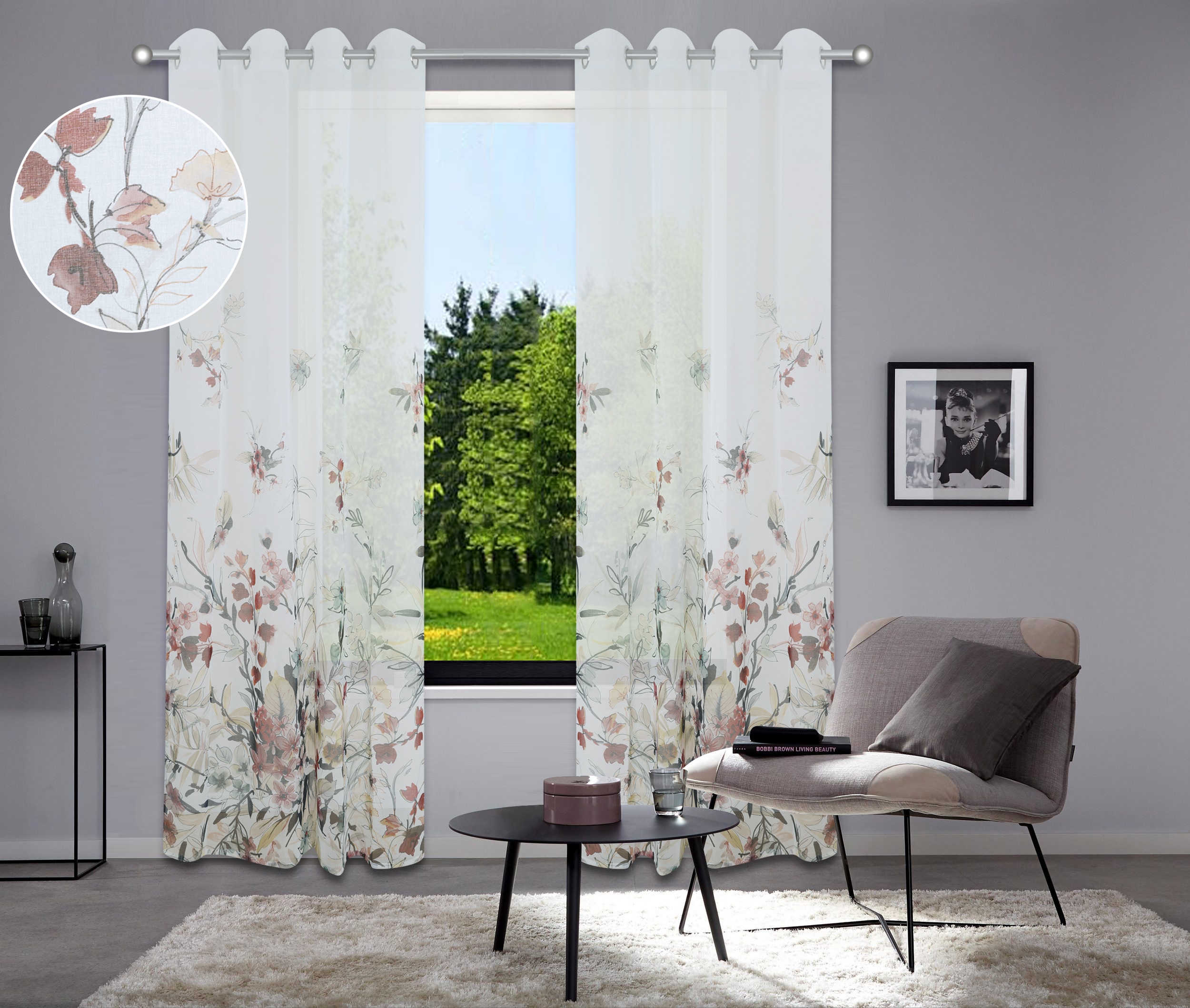 Gardine HOME AFFAIRE "Friesach" Gr. 1, bunt (multicolore), B:140cm H:145cm, Polyester, Gardinen, mit Blumenmuster Image
