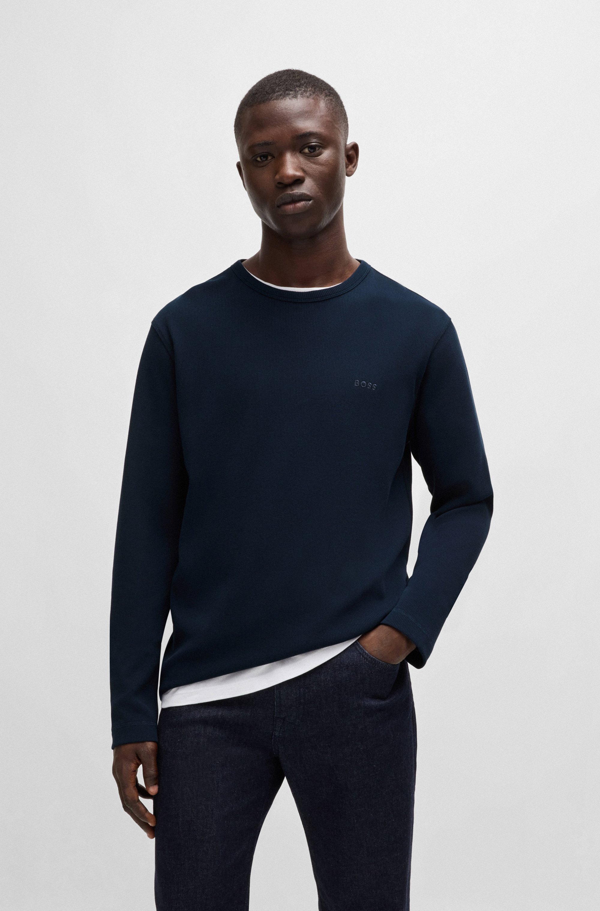 Langarmshirt BOSS ORANGE "Tempesto", Herren, Gr. L, blau (dunkelblau404), Single Jersey, Obermaterial: 78% Baumwolle, 15% Polyacryl, 7% Elasthan, unifarben, regular fit normal, Rundhals, Shirts Langarmshirt, mit BOSS-Stickerei