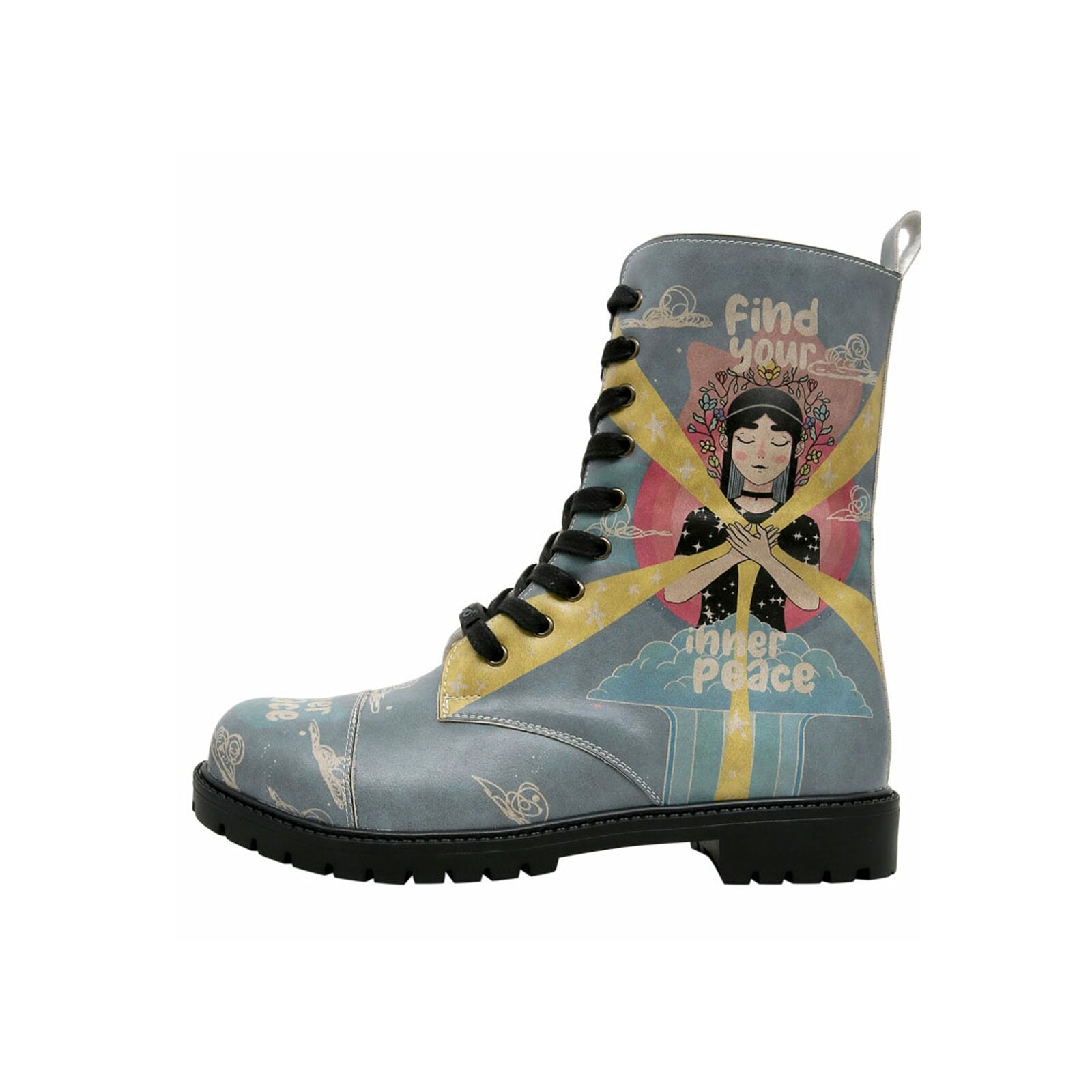 Schnürboots DOGO "Zipsy High-Top Boots Find Your Inner Peace Damen Stiefeletten", Damen, Gr. 36, Normalschaft, blau, Lederimitat, Schuhe Schnürboots, Handgefertigt