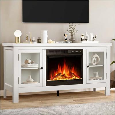 R.W.FLAME 60 INCH Fireplace TV Stand Mantel,Freestanding Corner Infrared Quartz Heater with Adjustable LED Flame,Remote Control