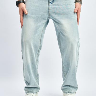 TEMU 2024 Border New Washed Retro Trendy Fashionable Loose Straight Tube American Versatile Men's Jeans