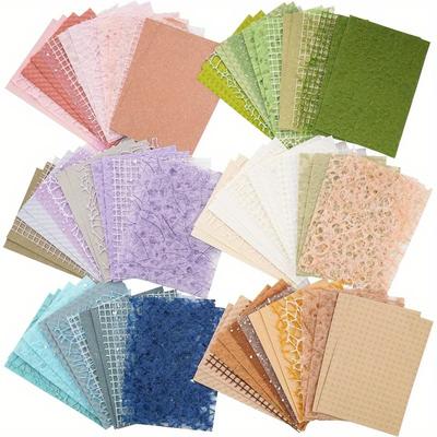 TEMU 96 Sheets Textured Scrapbook Paper And Mesh Fabric Assorted Set - 6 Pack Mixed Special Paper For Scrapbooking Planner Bullet Junk Journal Supplies Mixed Media Collage Card Embellishments 3.9x5.5 Inch