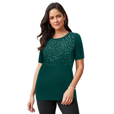 Plus Size Women's Fine Gauge Crewneck Shell by Jessica London in Emerald Green Sequin (Size 18/20) Short Sleeve Sweater