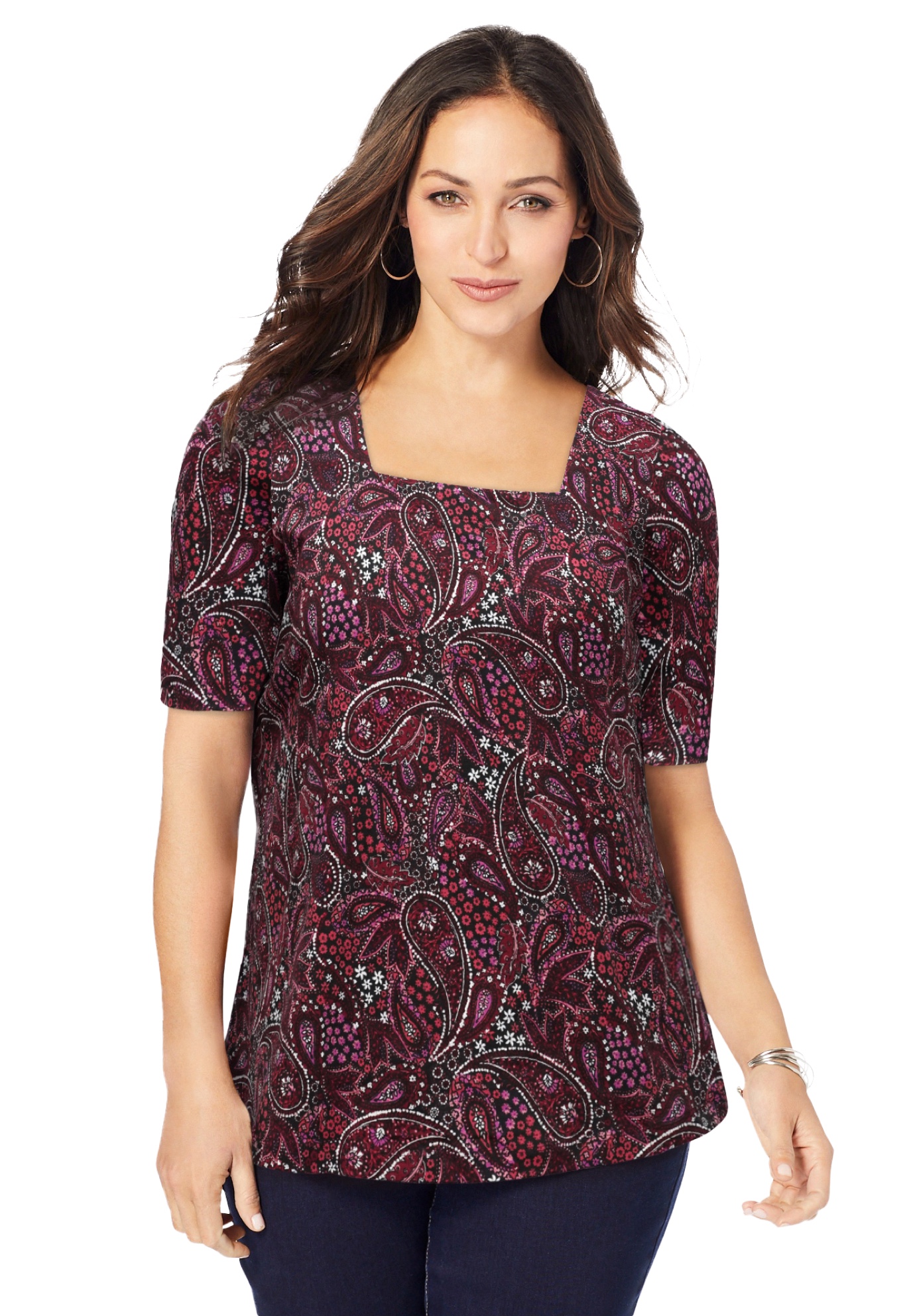 Plus Size Women's Stretch Cotton Square Neck Tee by Jessica London in Rich Burgundy Garden Paisley (Size 30/32) Short Sleeve T-Shirt