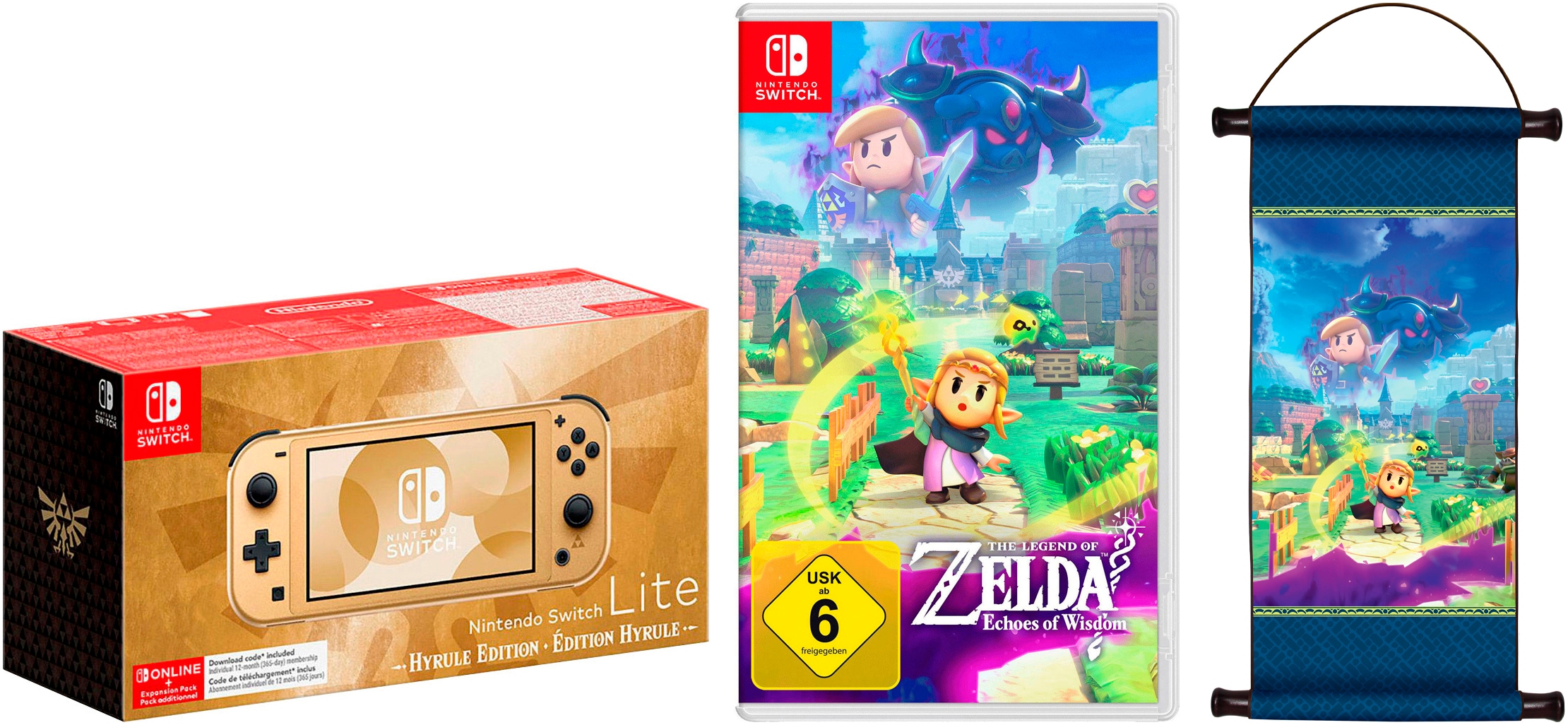 NINTENDO SWITCH Konsolen-Set "Lite – Hyrule-Edition + Zelda: Echoes of Wisdom + Zelda-Schriftrolle", gold (goldfarben), B:20,8cm H:9,11cm T:2,84cm, Spielekonsolen
