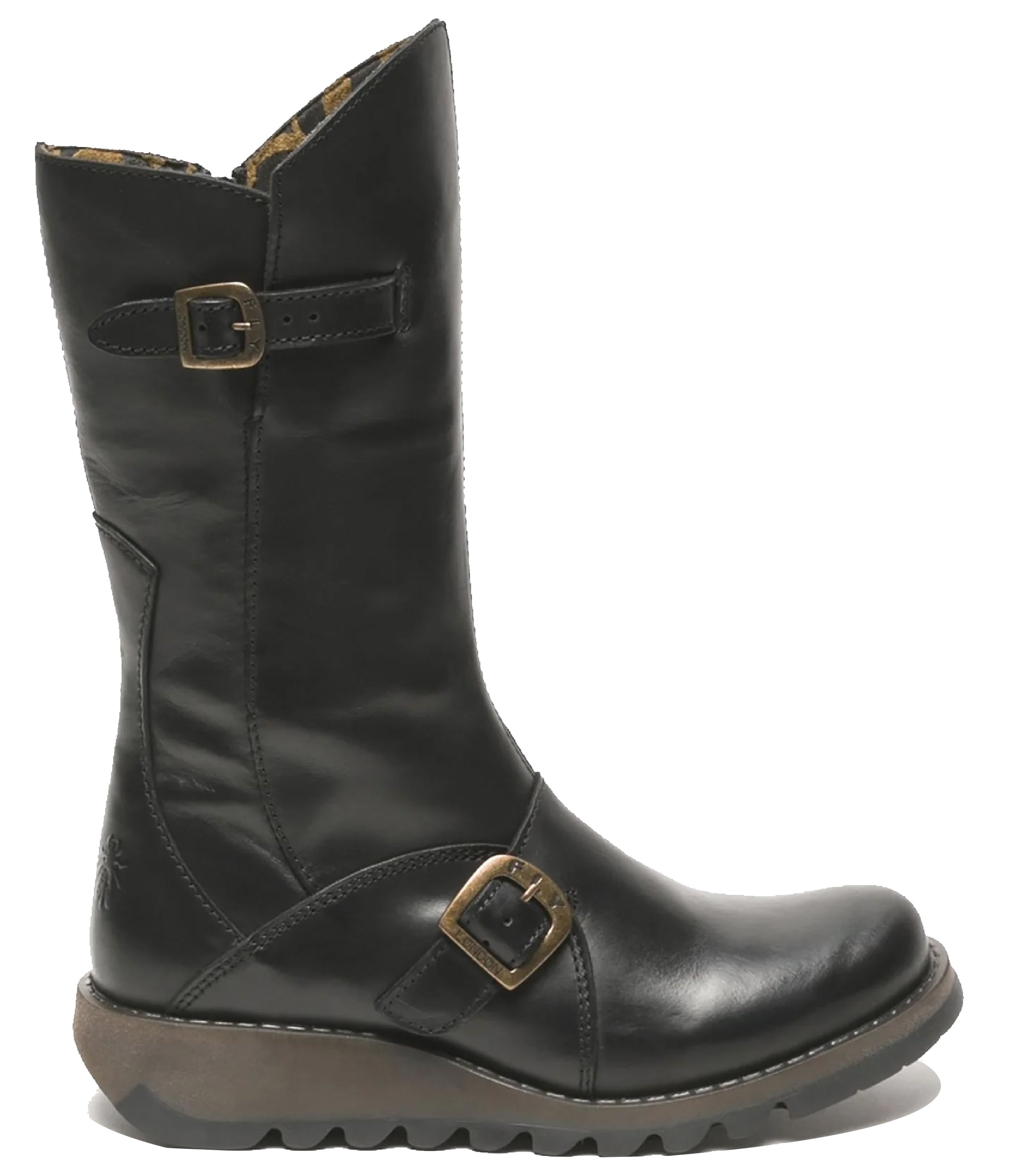 Fly London Damen MES 2 Plateaustiefel mit Keilabsatz, Schnalle, halbhohem Schaft, Reißverschluss, Schwarz