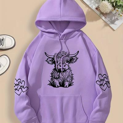 TEMU Calf Flowerprint Hoodie, Drawstring Casual Hooded Sweatshirt For Winter & Fall, Women's Clothing