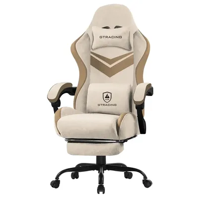 Ergonimic Fabric Reclining Gaming Chair with Footrest and Linkage Armrests, Cream Home Office Chair