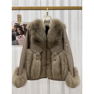 2024 Women's Natural Fox Fur Coat Goose Down Jacket Real Genuine Sheepskin Leather Jacket Warm Luxury Female Coats