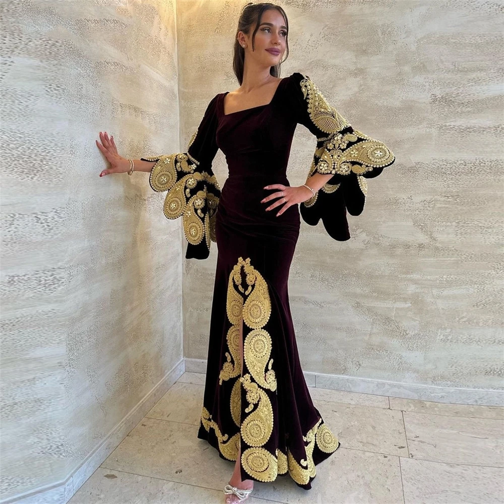 Customized Evening Velour Applique Ruffle Birthday Mermaid Square Neck Bespoke Occasion Gown Long Dresses Sexy Casual