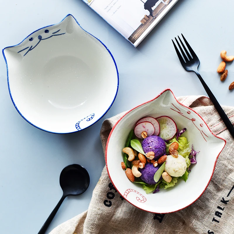 6.3 inch Cartoon Cat Bowl Ceramic Noodle Ramen Bowl Blue Red Kitty Bowl Chinese Restaurant Maneki Neko Household Soup Bowl