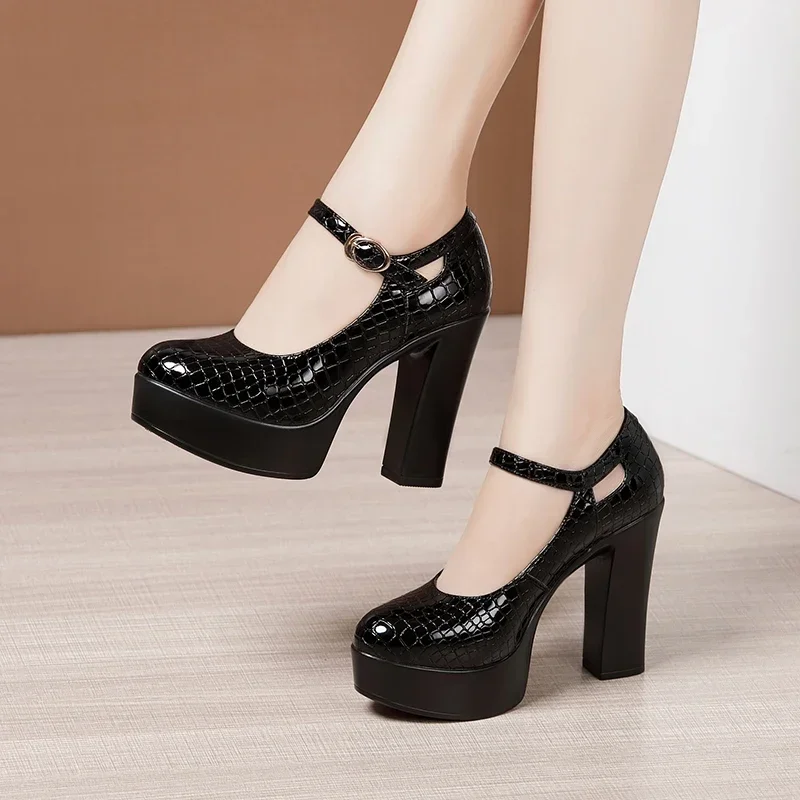 Small Size 32-43 Black Genuine Leather Shoes Shallow Platform Pumps Women 2025 Block High Heels Mary Jannes for Office Model Mom