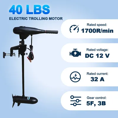 Trolling Electric Motor, DC 12V, 40LBS, 480W, Transom Mounted Outboard Engine for Inflatable Kayaks