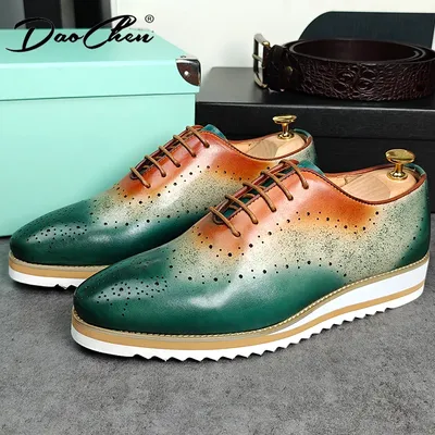 Luxury Brand Men Leather Shoes Green Blue Lace up Casual Dress Man Shoes Comfortable Sports Outdoor