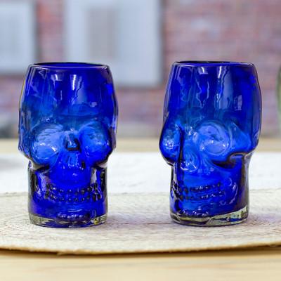 'Two Blue Skull-Themed Handblown Recycled Glass Tumblers'