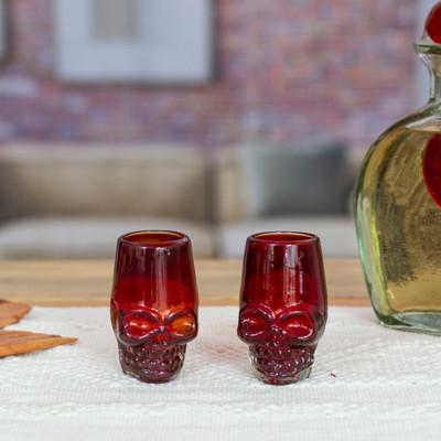 '2 Red Skull-Themed Handblown Recycled Glass Tequila Glasses'