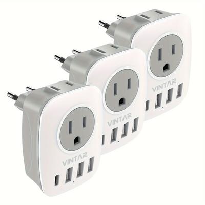 TEMU [3-pack] European Travel Plug Adapter, Vintar Plug Adapter With 2 , 1 Usb C And 3 Usb , 6 In 1 Travel To France, German, Italy, Spain (type C)