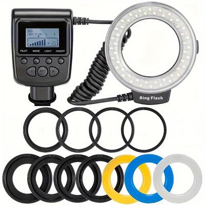 TEMU 1set Ring Flash, 48 Macro Led Flash Light With Lcd Display , Adapter Rings And Flash Diffuser For , Dslr Cameras