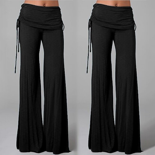 Yogahose mit weitem Bein für Damen, gesmokte Taillenhose, hohe Taille, Tanzkleidung, schnell trocknend, violett, weiß, schwarz, Yoga, Pilates, Tanzsport, Aktivkleidung, mikroelastisch, locker, Image