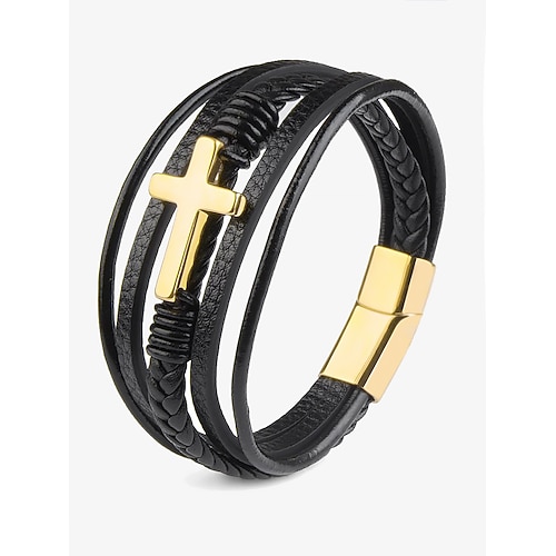 Schwarzes Lederarmband für Herren mit silbernem Kreuz – christliches religiöses Armband, verstellbarer Magnetverschluss Image