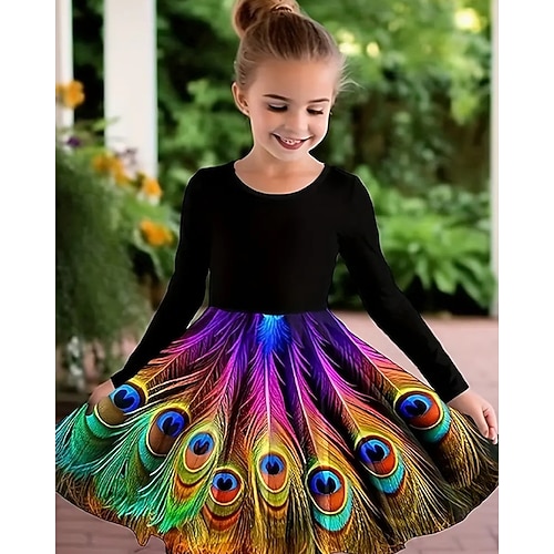 Mädchen' 3D Graphic Pfau Kleid Langarm Sommer Frühling Urlaub Täglich Festtage Prinzessin Schön Süß kinderkleidung 4-12 Jahre Casual kleid A Linie Kleid Knielang Regular Fit Image