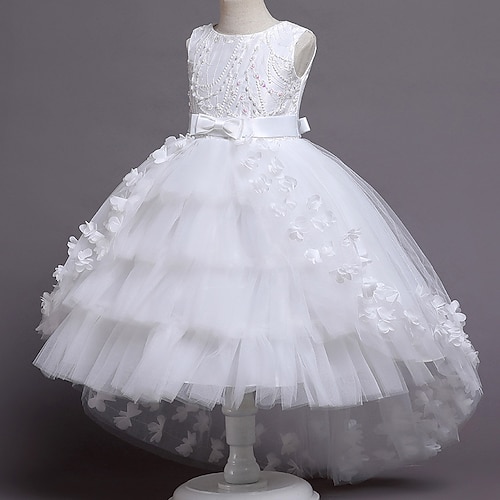kinderkleidung Mädchen Blumenmädchen Kleid Kleid Einfarbig Ärmellos Leistung Hochzeit Party Gitter Schleife Prinzessin Süß Baumwolle Tüll Asymmetrisch A Linie Kleid Sommer Frühling 3-12 Jahre Wei Image