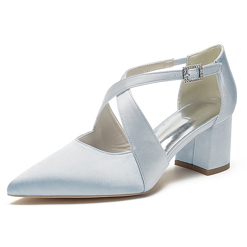 elegante Damenschuhe aus weißem Satin mit spitzer Spitze und Blockabsatz – überkreuztes Riemchendesign für Hochzeiten, formelle Partys und besondere Anlässe Image