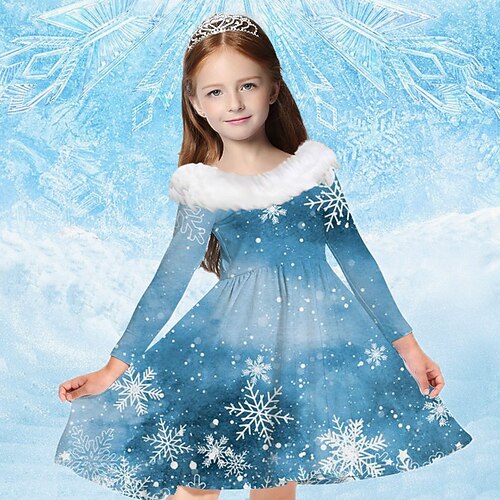 kinderkleidung Mädchen Kleid Schneeflockenkleid Schneeflocke Langarm Casual Pelzkragen Rundhalsausschnitt bezaubernd Täglich Polyester Übers Knie Casual kleid Schaukelkleid A Linie Kleid Herbst Winter Image