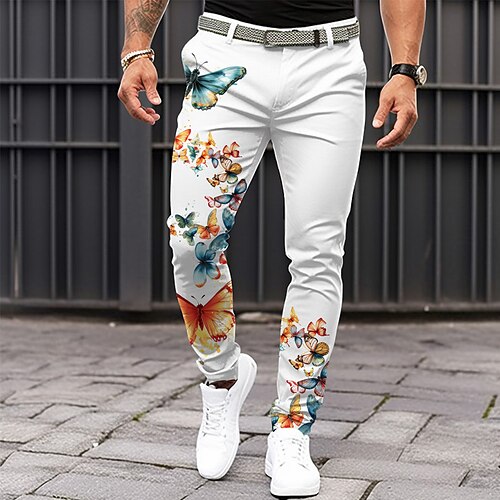 Herren Schmetterling Anzughose Mittlere Taille Mode Lässig Urlaub Alltagskleidung Reißverschluss Tasche Sommer Frühling Herbst 3D-Druck Weiß Image