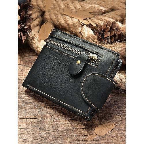 Herren-Geldbörse aus braunem Vintage-Leder mit Reißverschlussfach und Druckknopfverschluss – stilvolle zweifach gefaltete Geldbörse für den täglichen Gebrauch