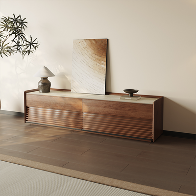 70.87" Mid-Century Matte Travertine Stone Tabletop TV Stand, Modern Entertainment Center, Walnut Color Cabinet with Adjustable Light, Fully-Assembled, Perfect for 65-inch TVs