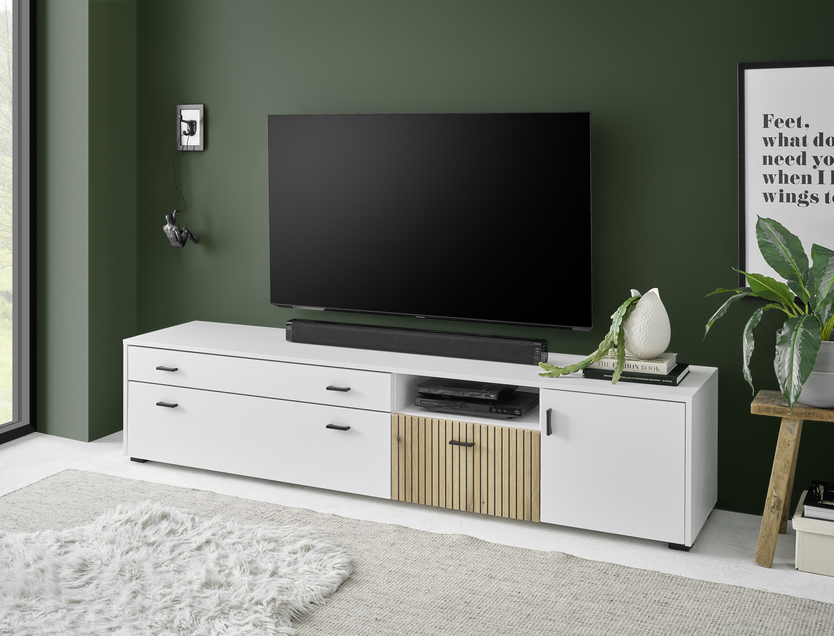 Lowboard INOSIGN "Hudson", weiß (weiß, eiche), B:200cm H:44cm T:42cm, Holzwerkstoff, Sideboards, Lowboard, in moderner Trendfarbe, Griffe aus Metall (Schwarz), Breite 200 cm