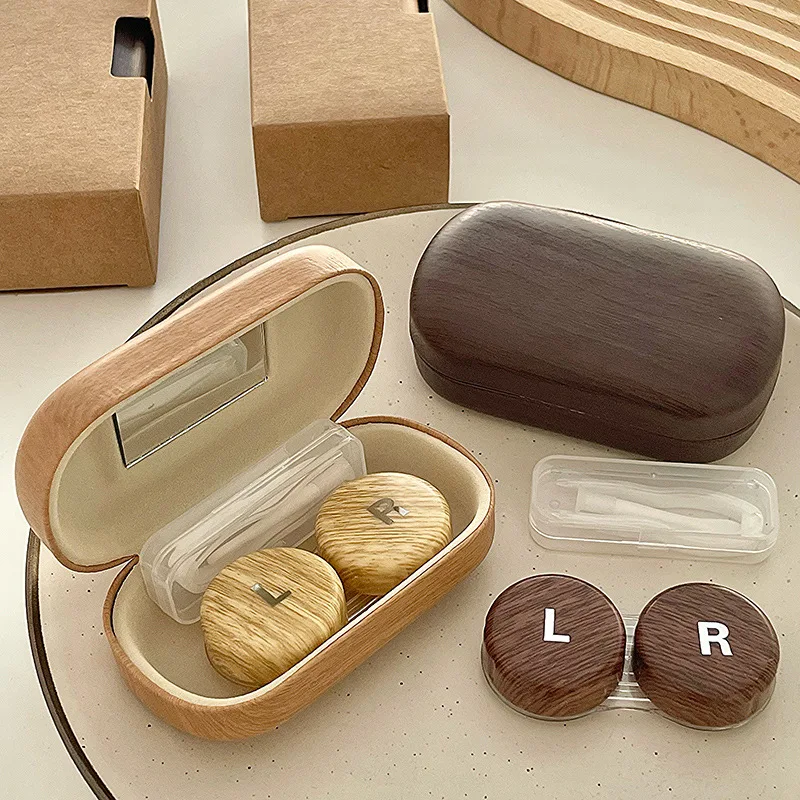 Conteneur de lentilles de Grain de bois pour femmes et hommes, étui à lentilles de Contact INS, boîte de rangement de lentilles de Contact de couleur, ensemble de voyage Portable