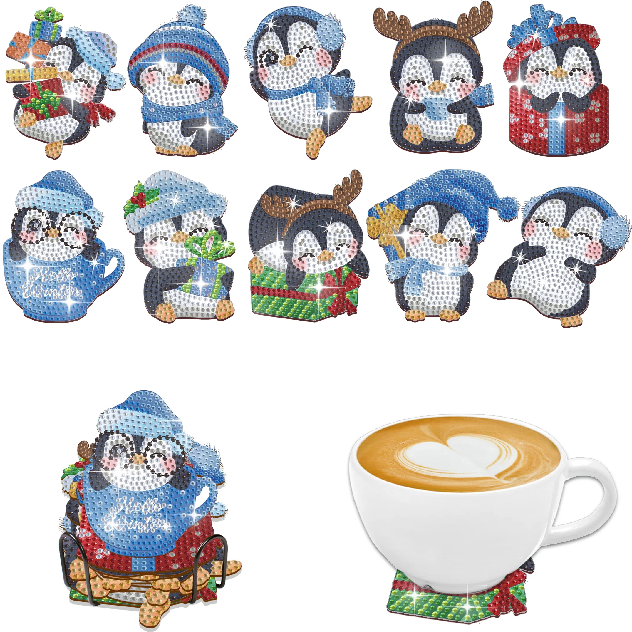 10 pièces bricolage pingouin diamant peinture sous-verres de noël avec support cristal strass diamant Art sous-verres pingouins avec support