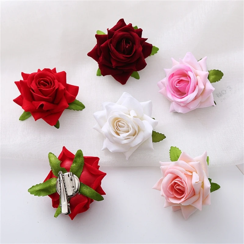 Pince à cheveux en forme de fleur rose pour femme, barrettes, épingle, fleur, mariée