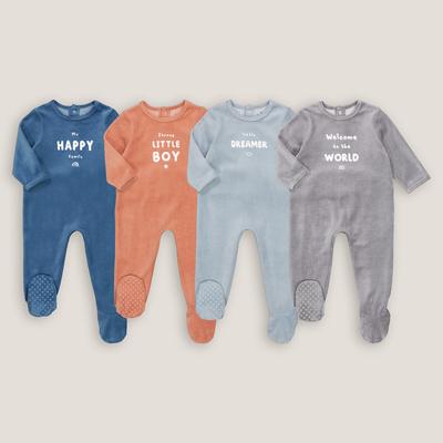 Pack of 4 Sleepsuits in Slogan Print Velour