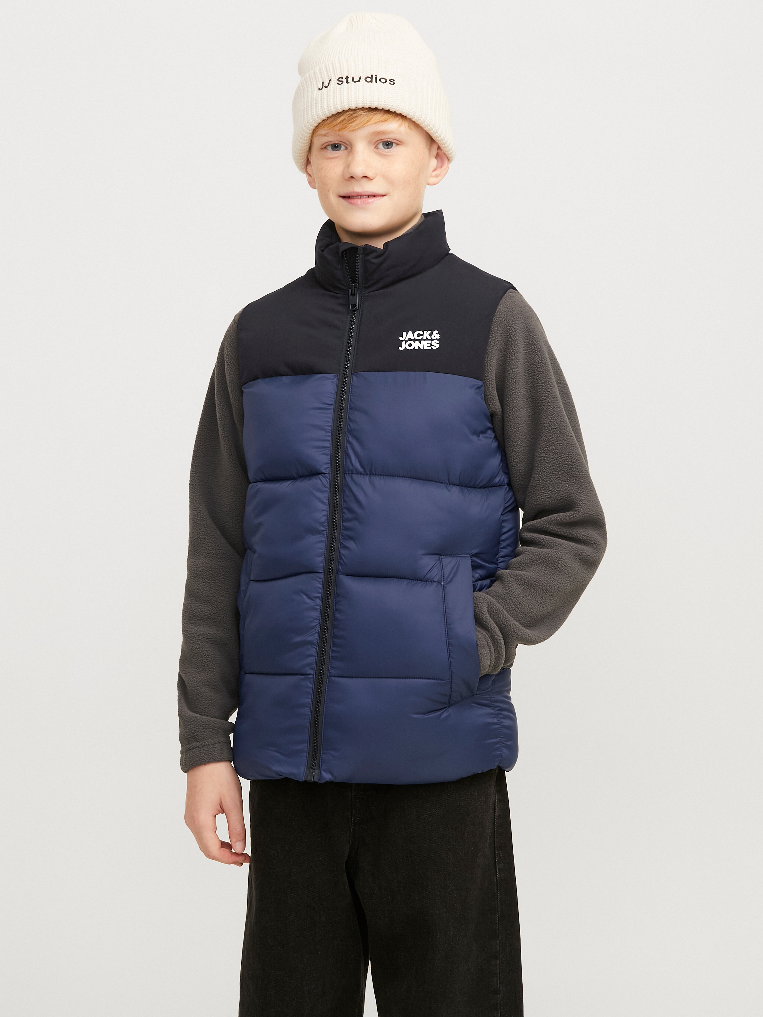 Steppweste JACK & JONES JUNIOR "JJETOBY einfach kombinierbar, gefüttert, stylisch", Jungen, Gr. 176, blau (navy blazer), Web, Obermaterial: 100% Polyester, colorblocking, regular fit, Westen Steppweste, colorblocking, casual, regular fit, Stehkragen
