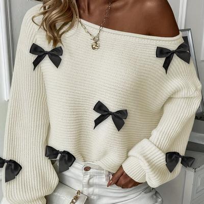 TEMU Chic Bowknot Long Sleeve Knit Sweater For Women - Cozy Acrylic, Casual Crew Neck Pullover For Fall/winter