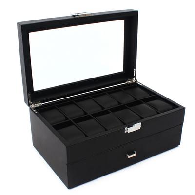 TEMU 24 Slot Luxurious Carbon Fiber Textured Display Case Glass With Drawer Carbon Fiber Case Black