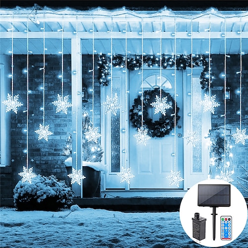 Schneeflocken Lichterkette Außen Solar 8 Modi 5M 216LED 3,5M 96LED Fernbedienung Solarenergie 24V Stecker lichterkette LED Girlande Vorhang Feenlichter für Garten Vordach Party Dekor Image