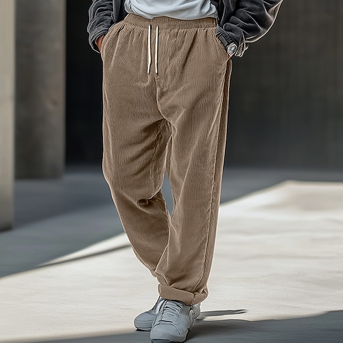 Herren Anzughosen Cordhose Hose Hosen Freizeithose Kordelzug Elastische Taille Gerade geschnitten Glatt Komfort Warm In voller Länge Outdoor Casual Täglich Modisch Strassenmode Schwarz Khaki Image