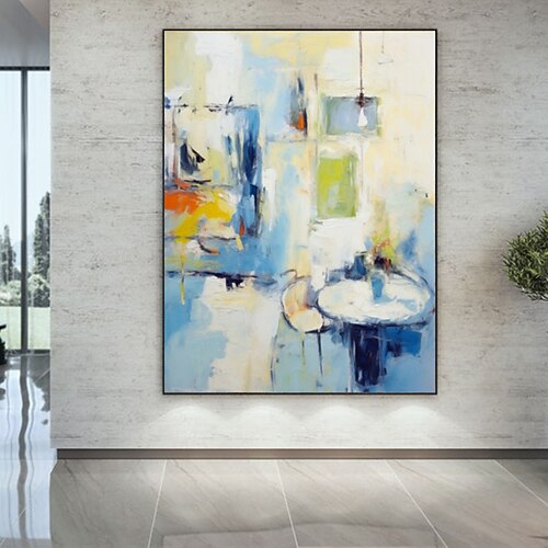 handgefertigtes Ölgemälde auf Leinwand, Wandkunst, Dekoration, abstraktes Messergemälde, Landschaftsblau, für die Inneneinrichtung, gerolltes, rahmenloses, unbelastetes Gemälde Image