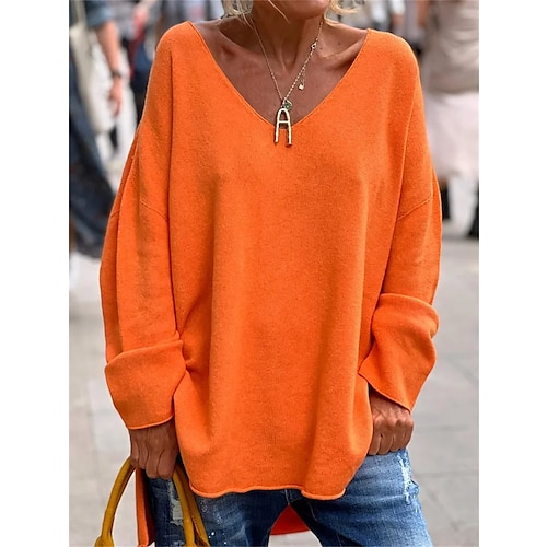 Damen Tunika Übergroßes Sweatshirt Pullover Sports Basic Neon Helle Einfarbige Straße Lässig V-Ausschnitt Lässiger Schnitt Langarm Schwarz Pink Orange Grau Herbst Winter Vorsaison