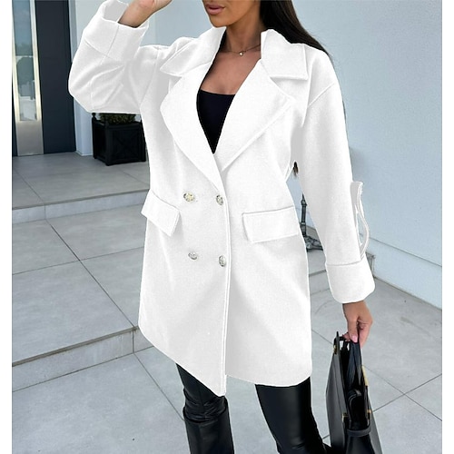 Per donna Cappotto Trench Strada Da tutti i giorni Da mare Autunno Inverno Lungo Cappotto Morbido Tenere al caldo Moda Informale Giacca Manica lunga Tinta unica Con tasche Nero Bianco Verde militare